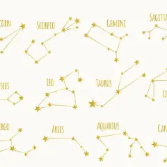 Gyllene stjärnbilder som representerar zodiakens tecken, inklusive Jungfru, med linjer som förbinder stjärnorna.