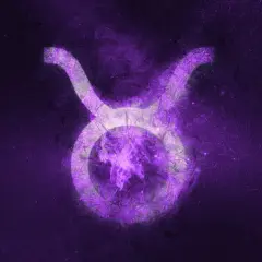 En lila, glödande symbol för oxe och våg mot en stjärnklar bakgrund.