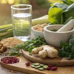 Färska grönsaker, ingefära och kryddor för ett ayurveda recept. En mortel och glas vatten antyder förberedelser.