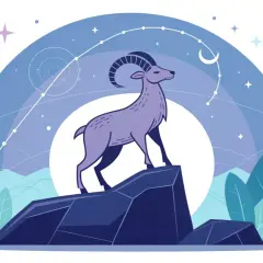 En lila bock står stolt på en klippa under en stjärnklar himmel med en halvmåne. Illustrationen representerar horoskop stenbocken.