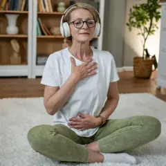 Kvinna med hörlurar sitter på en matta och fokuserar på sin andning för att slappna av.