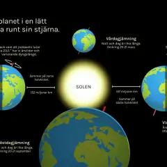 Jorden kretsar runt solen, vilket ger oss sommarsolståndet och vintersolståndet. Jordaxelns lutning skapar årstiderna.