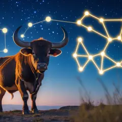 En mäktig oxe står under en stjärnklar himmel, bredvid stjärnbilden Oxen.