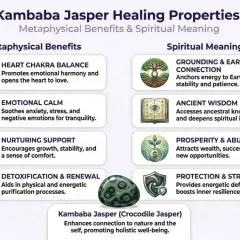 Kambaba jaspis egenskaper: emotionell balans, lugn, stöd, detox, jordförbindelse, visdom, välstånd, skydd.