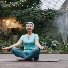 Kvinna i lotusställning, med slutna ögon och händerna i meditation, omgiven av grönska och ljusslingor. En lugn stund för meditation mot stress.