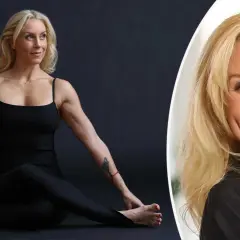 Johanna Hector, en stark och smidig kvinna i svart träningsklädsel, sitter i en yogaposition. Till höger syns ett närbildsporträtt av henne.