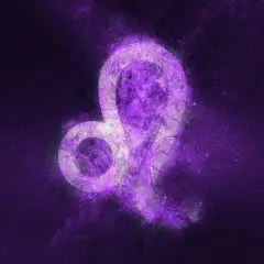 Ett lila, stjärnliknande lejon och skytt-symbol mot en mörk, stjärnbeströdd bakgrund.