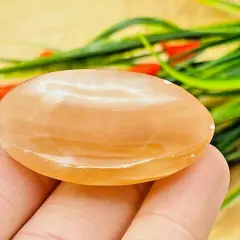 En hand håller en slät, oval honungskalcit. Dess varma, gyllene färg och mjuka lyster framhäver dess unika honungskalcit egenskaper.