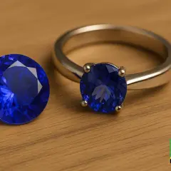 En stor, fasetterad safir bredvid en ring med en liknande blå sten. Dessa safir egenskaper gör dem till populära smycken.