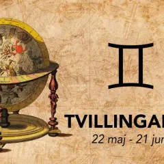 Antik jordglob med stjärnbilder och symbolen för tvilling element. Texten "Tvillingarna 22 maj - 21 juni" syns.