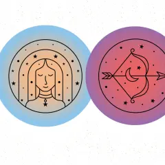 En cirkel med en jungfru-symbol och en annan med en skytt-symbol, båda med stjärnor och månar.