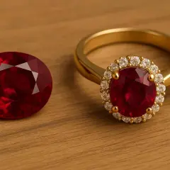 En oval granat sten bredvid en guldring med en stor granat sten omgiven av små diamanter.