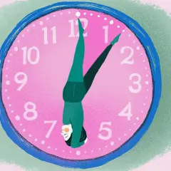 En person i handstående på en rosa urtavla, som en klockvisare. Perfekt för en kort meditation när tiden är knapp.