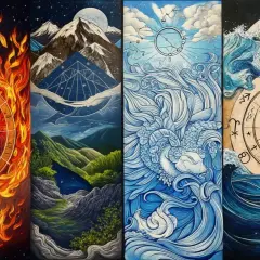 Konstverk som visar fyra olika element: eld, berg, luft och vatten, med astrologiska symboler.