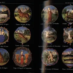 Detaljerad stjärntecken chart med tolv cirkulära illustrationer av djur och figurer som representerar zodiaken.