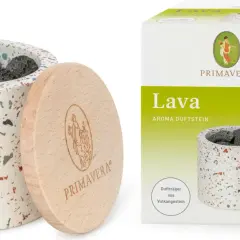 En doftsten av lavasten i en terrakottakruka med trälock. Lavastenens egenskaper gör den perfekt för aromaterapi.
