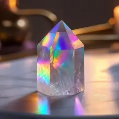 En regnbågsskimrande kristall, som en ängel aura, reflekterar ljus på ett marmorbord. En ljuslåga lyser i bakgrunden.