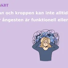 En person med händerna på huvudet, omgiven av kaotiska tankar. Texten lyder: "Hjärnan och kroppen kan inte alltid skilja på när ångesten är funktionell eller inte." Detta illustrerar svårigheten att hantera ångest och andning.