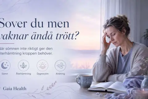 En kvinna med handen mot pannan sitter vid ett bord med en bok och en kopp. Hon ser ut att vaknar aldrig utvilad.
