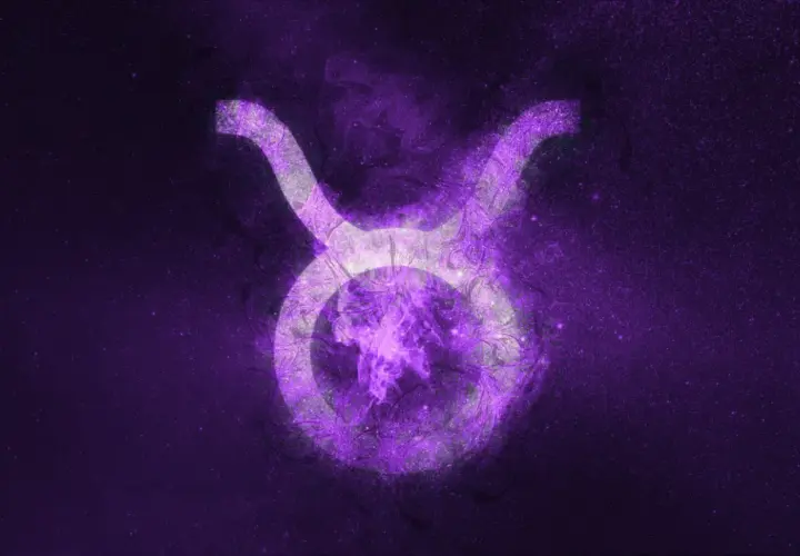 En lila, glödande symbol för oxe och våg mot en stjärnklar bakgrund.