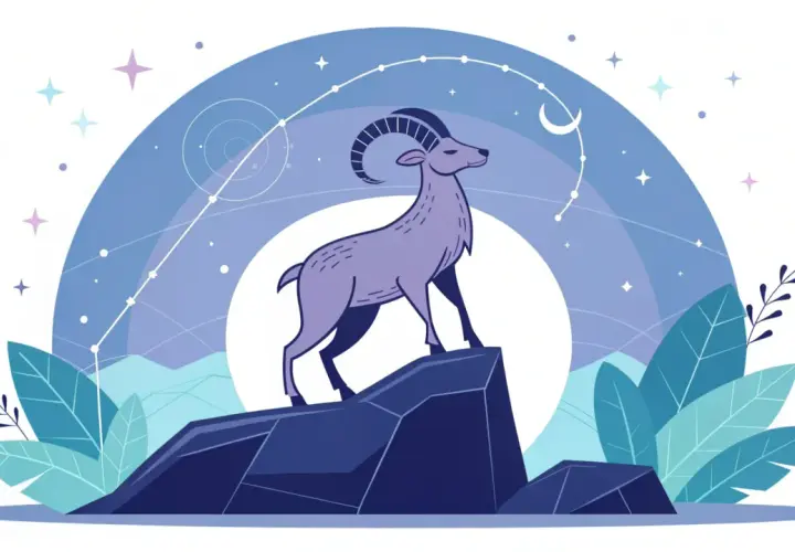 En lila bock står stolt på en klippa under en stjärnklar himmel med en halvmåne. Illustrationen representerar horoskop stenbocken.