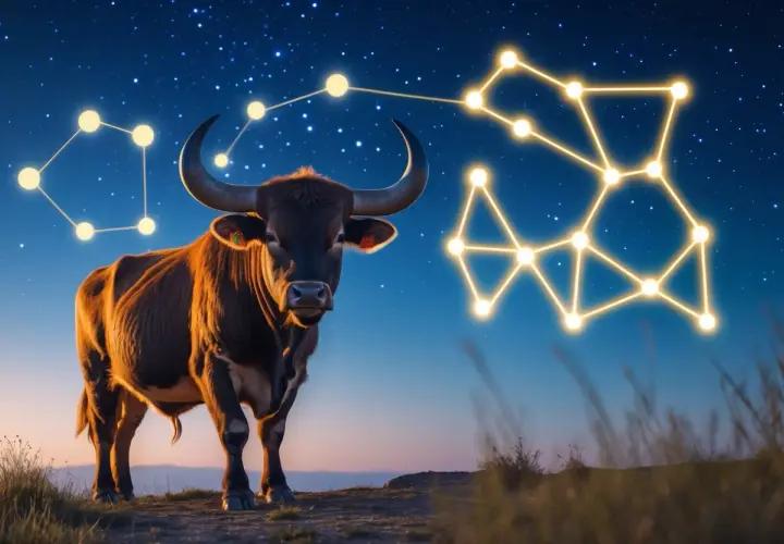 En mäktig oxe står under en stjärnklar himmel, bredvid stjärnbilden Oxen.