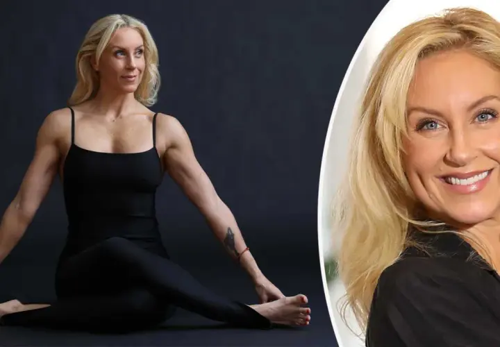 Johanna Hector, en stark och smidig kvinna i svart träningsklädsel, sitter i en yogaposition. Till höger syns ett närbildsporträtt av henne.