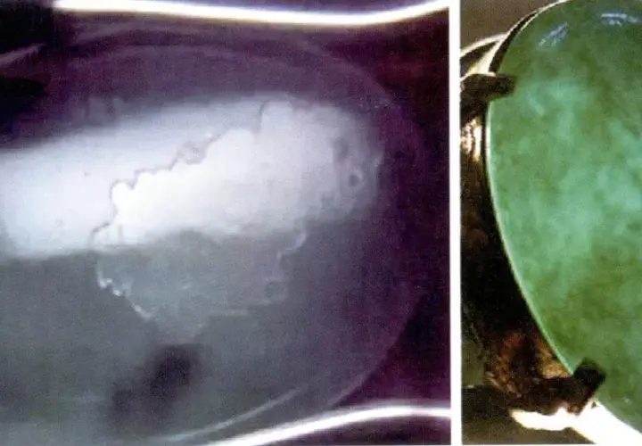 Två bilder av jade. Vänster visar en genomskinlig sten med molniga inslag, som illustrerar jade egenskaper. Höger visar en grön jade i en ring.