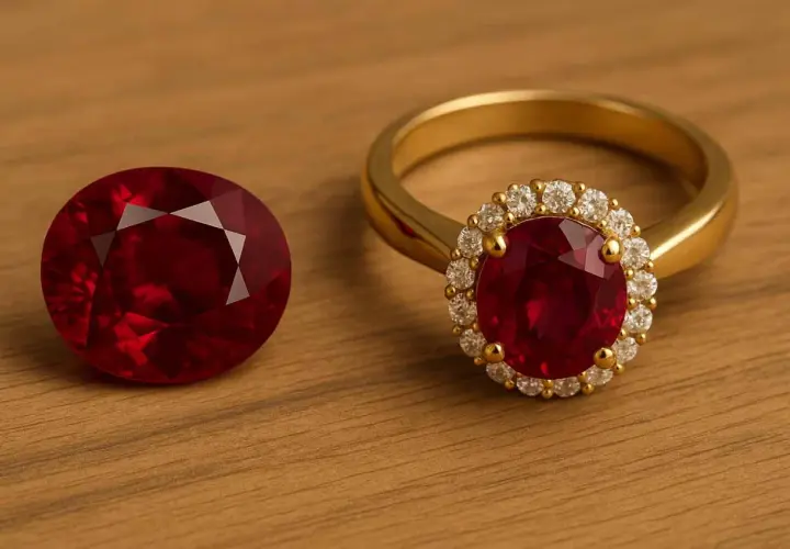 En oval granat sten bredvid en guldring med en stor granat sten omgiven av små diamanter.