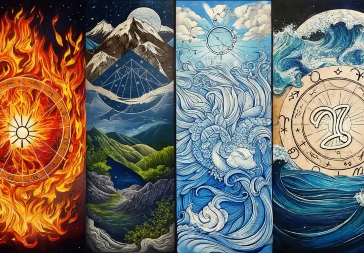 Konstverk som visar fyra olika element: eld, berg, luft och vatten, med astrologiska symboler.