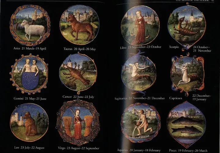 Detaljerad stjärntecken chart med tolv cirkulära illustrationer av djur och figurer som representerar zodiaken.