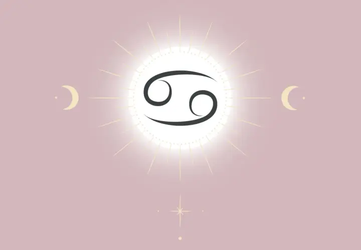 Stjärntecknet Kräftan, omgivet av en solstråle och månar. En symbol för ascendent kräfta.