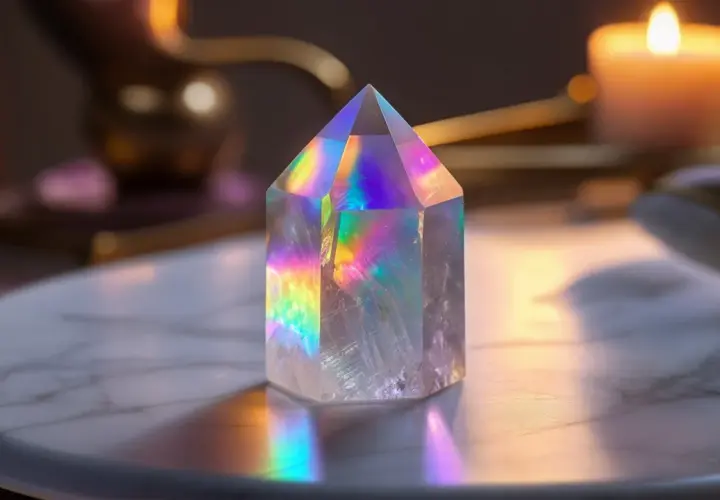 En regnbågsskimrande kristall, som en ängel aura, reflekterar ljus på ett marmorbord. En ljuslåga lyser i bakgrunden.