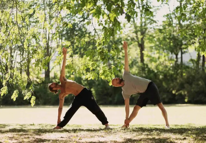 Två män utövar yoga i en park. De står i en triangelställning under trädens grönska.