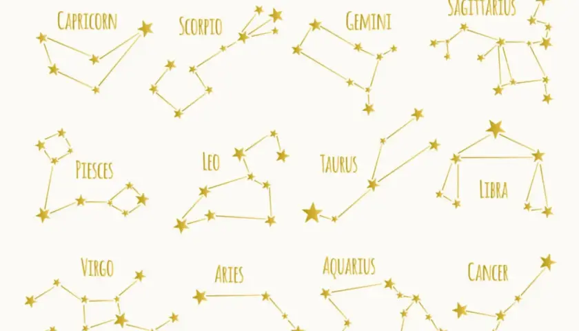 Gyllene stjärnbilder som representerar zodiakens tecken, inklusive Jungfru, med linjer som förbinder stjärnorna.