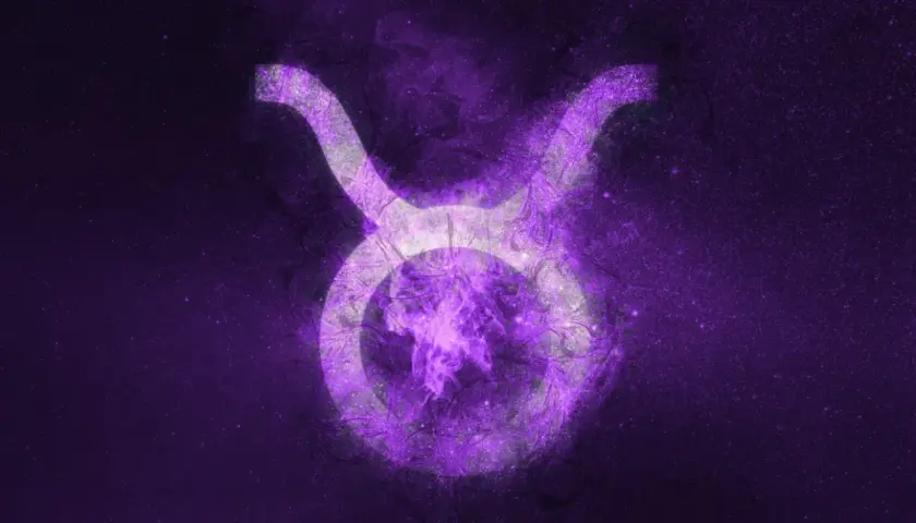 En lila, glödande symbol för oxe och våg mot en stjärnklar bakgrund.