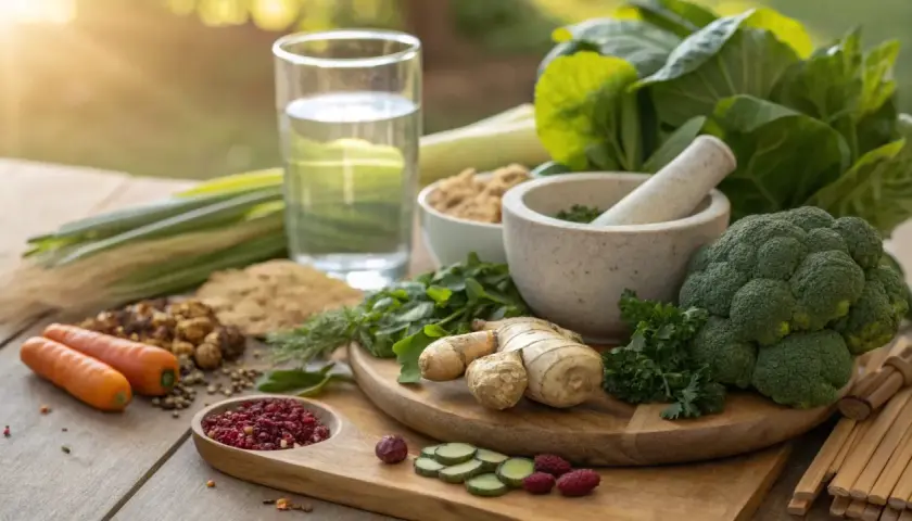 Färska grönsaker, ingefära och kryddor för ett ayurveda recept. En mortel och glas vatten antyder förberedelser.