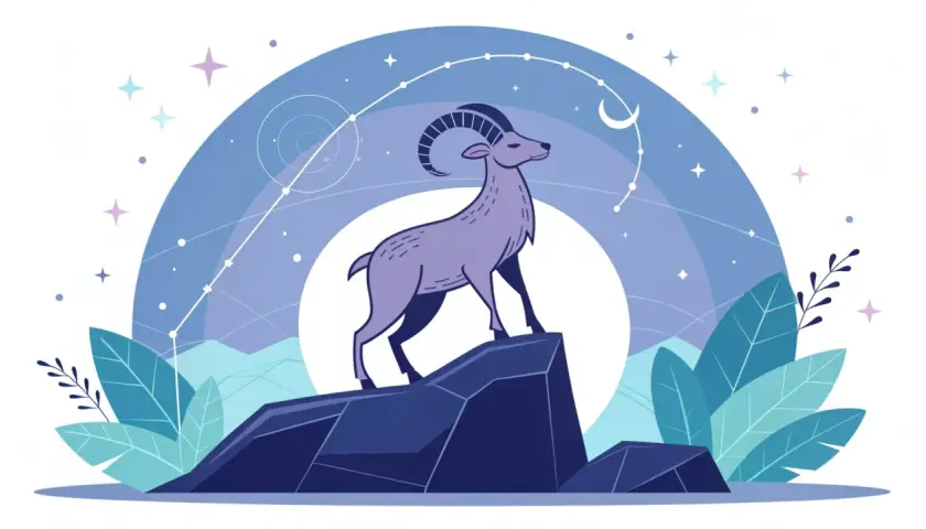 En lila bock står stolt på en klippa under en stjärnklar himmel med en halvmåne. Illustrationen representerar horoskop stenbocken.
