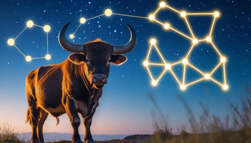 En mäktig oxe står under en stjärnklar himmel, bredvid stjärnbilden Oxen.
