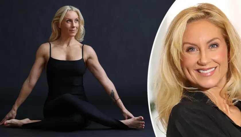 Johanna Hector, en stark och smidig kvinna i svart träningsklädsel, sitter i en yogaposition. Till höger syns ett närbildsporträtt av henne.