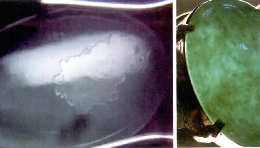 Två bilder av jade. Vänster visar en genomskinlig sten med molniga inslag, som illustrerar jade egenskaper. Höger visar en grön jade i en ring.