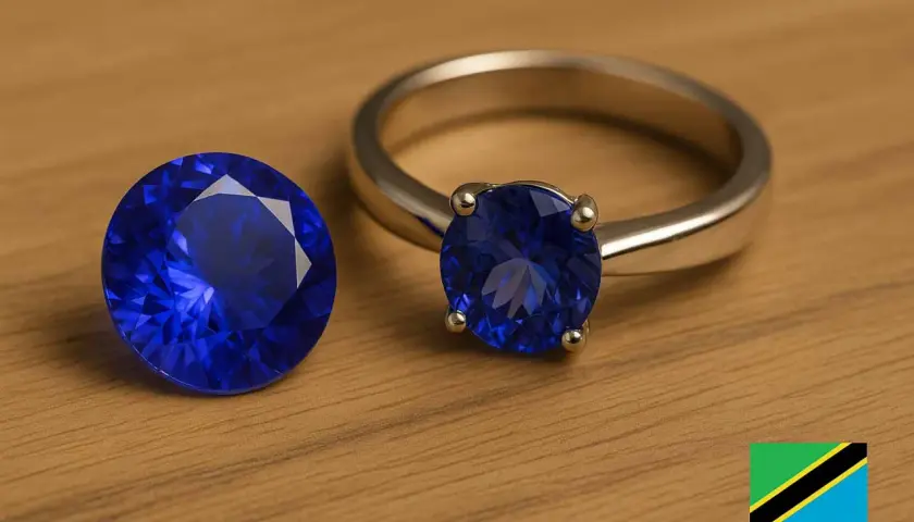En stor, fasetterad safir bredvid en ring med en liknande blå sten. Dessa safir egenskaper gör dem till populära smycken.
