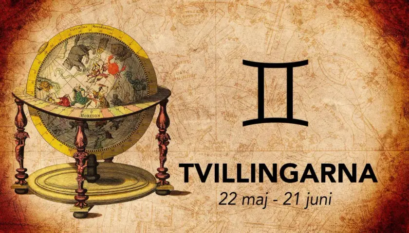 Antik jordglob med stjärnbilder och symbolen för tvilling element. Texten "Tvillingarna 22 maj - 21 juni" syns.