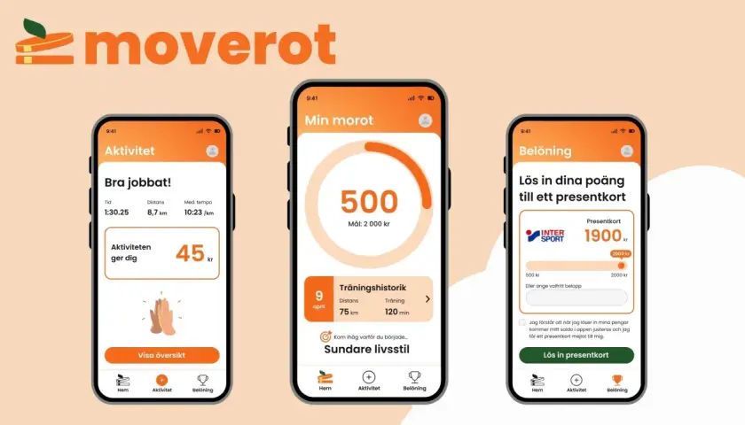 Appen Moverot visar aktiviteter, poäng och belöningar. Perfekt för friskvård online!