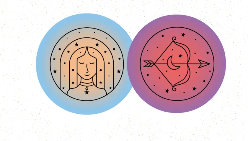 En cirkel med en jungfru-symbol och en annan med en skytt-symbol, båda med stjärnor och månar.