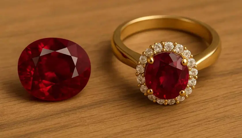 En oval granat sten bredvid en guldring med en stor granat sten omgiven av små diamanter.