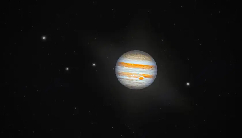 Jupiter, med sina virvlande moln och den stora röda fläcken, lyser i rymden. Dess närvaro i jupiter astrologi symboliserar expansion och tur.
