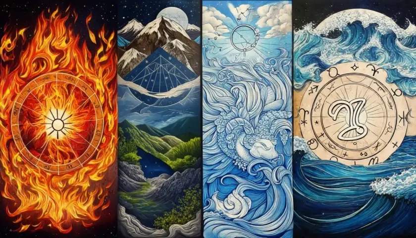 Konstverk som visar fyra olika element: eld, berg, luft och vatten, med astrologiska symboler.