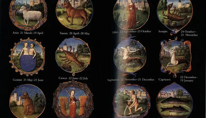 Detaljerad stjärntecken chart med tolv cirkulära illustrationer av djur och figurer som representerar zodiaken.