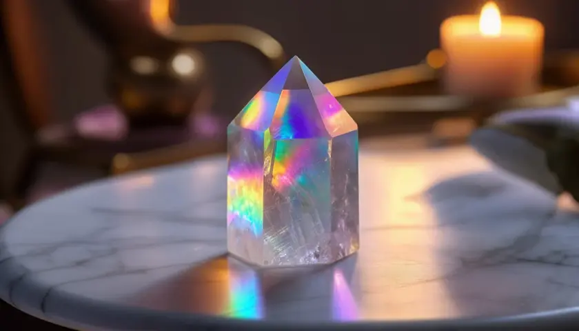 En regnbågsskimrande kristall, som en ängel aura, reflekterar ljus på ett marmorbord. En ljuslåga lyser i bakgrunden.